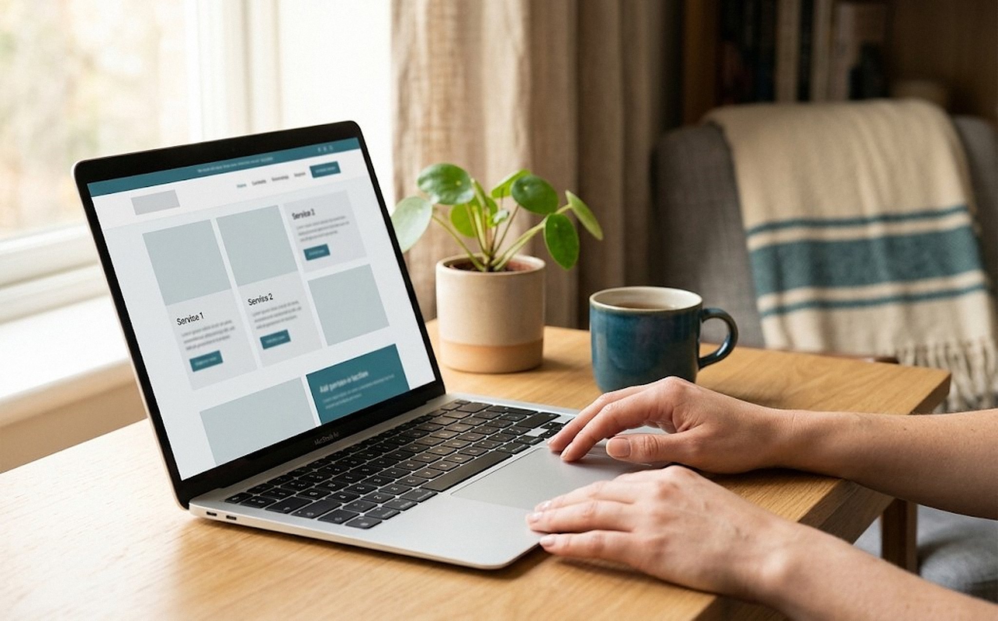 Mani su un portatile che mostra la bozza di un sito web, su una scrivania in legno