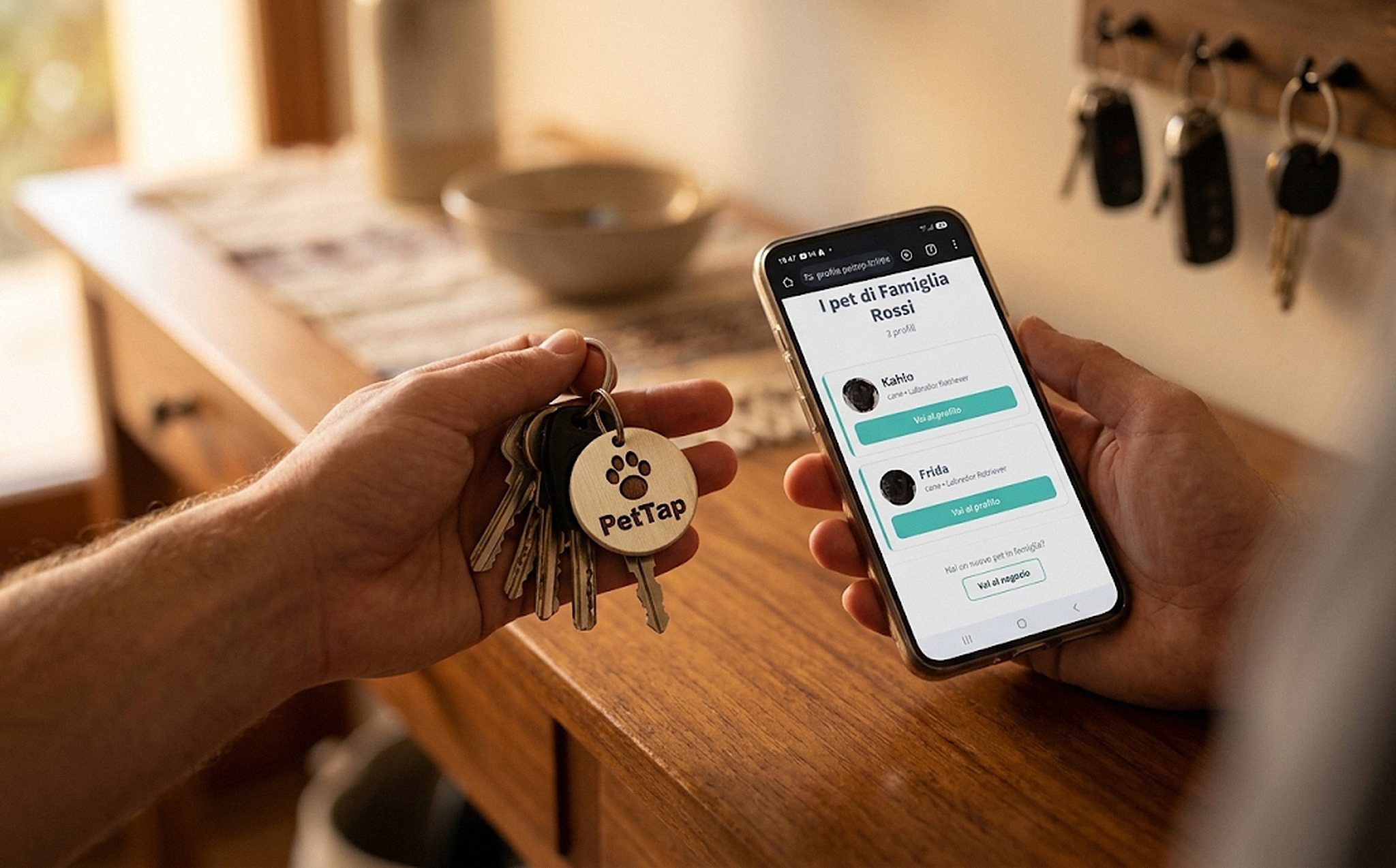 Mani che tengono un portachiavi in legno con tecnologia NFC e uno smartphone che mostra il profilo digitale