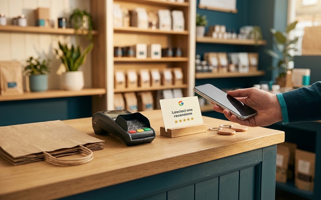Cliente che avvicina lo smartphone a un espositore da banco con la richiesta di recensione, accanto al POS di un negozio