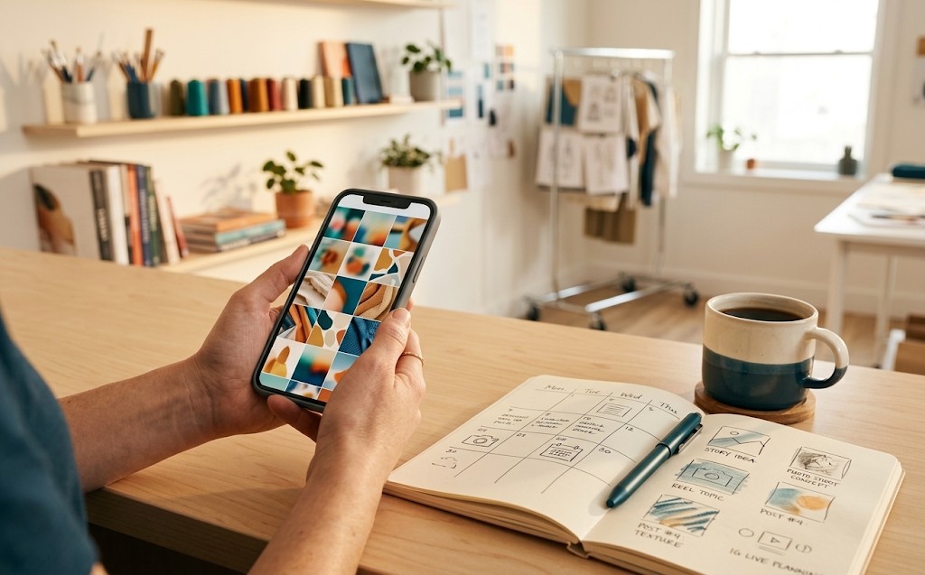 Mani che tengono uno smartphone con un feed social accanto a un'agenda dei contenuti, in uno studio creativo