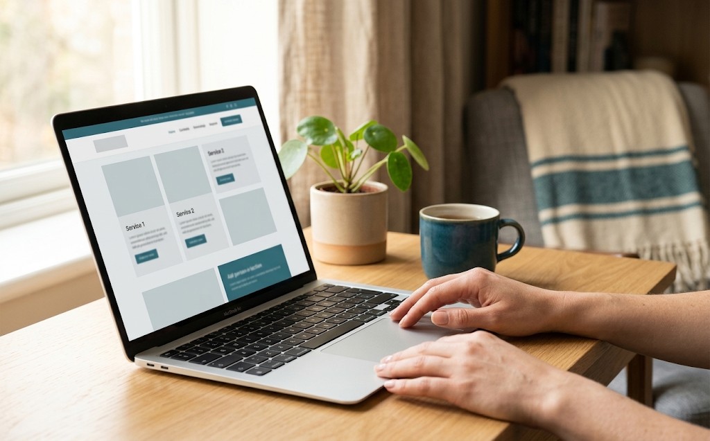 Mani su un portatile che mostra la bozza di un sito web, su una scrivania in legno